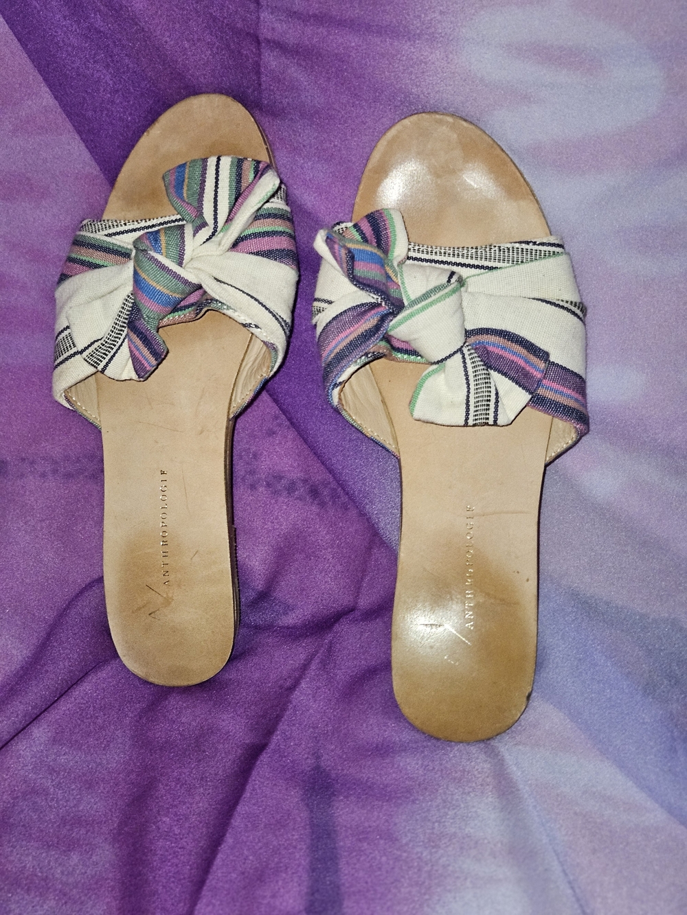 Anthropologie Cream Knotted Slide Sandals with Multicolor Stripe Accent